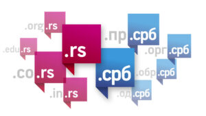 Ilustracija sa simbolima .rs i .срб domena u raznim bojama, koja vizuelno predstavlja registrovanje nacionalnih i IDN domena Srbije