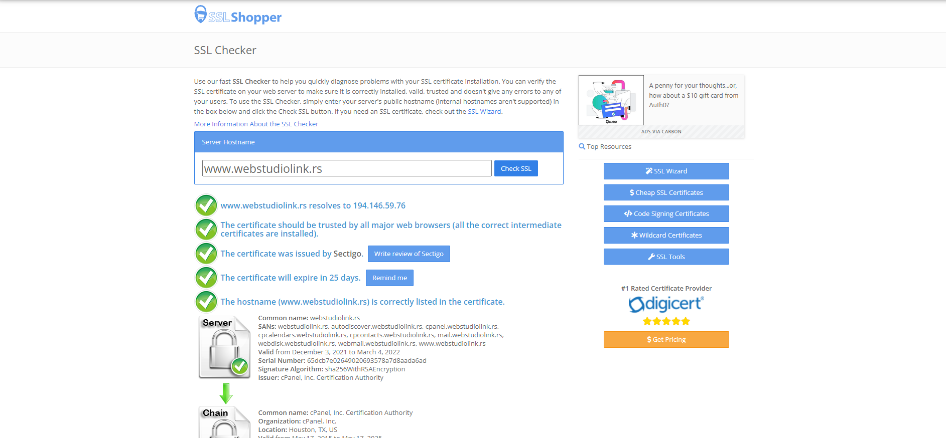 SSL provera domena – rezultati validacije sertifikata Provera SSL sertifikata pomoću SSL Shopper alata