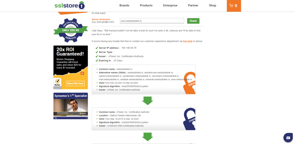SSLStore izveštaj za domen SSL sertifikat - detalji provere preko SSLStore alata