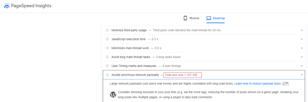 page speed insights - total size