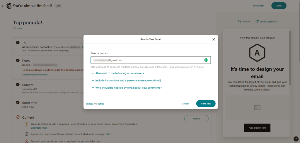 mailchimp testni email