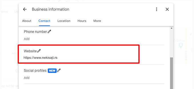 dodavanje sajta na Google Business Profile