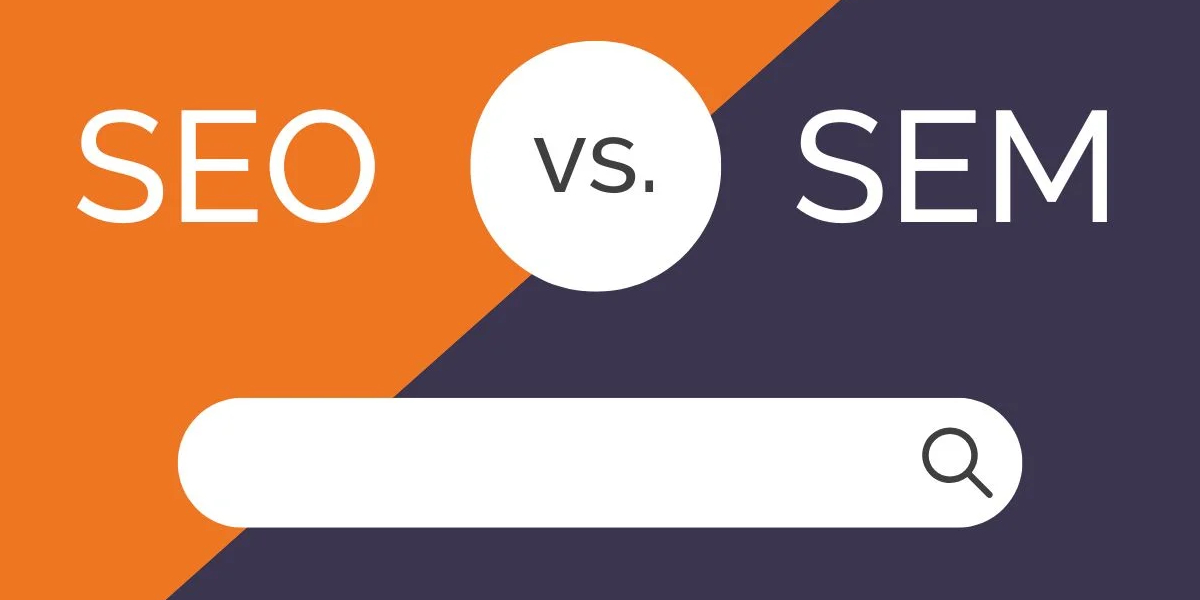 Ilustracija koja poredi SEO (Search Engine Optimization) i SEM (Search Engine Marketing) sa simbolom pretraživačke trake.