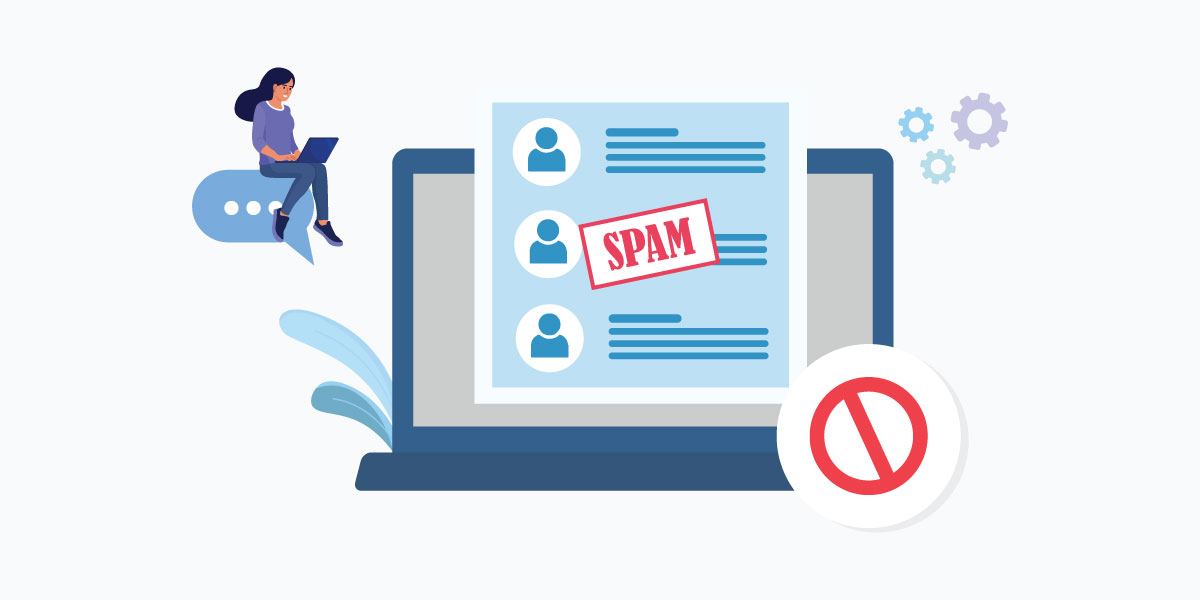 Ilustracija laptopa sa prikazom liste korisnika, od kojih je jedan označen kao SPAM, dok crveni simbol zabrane označava blokadu.