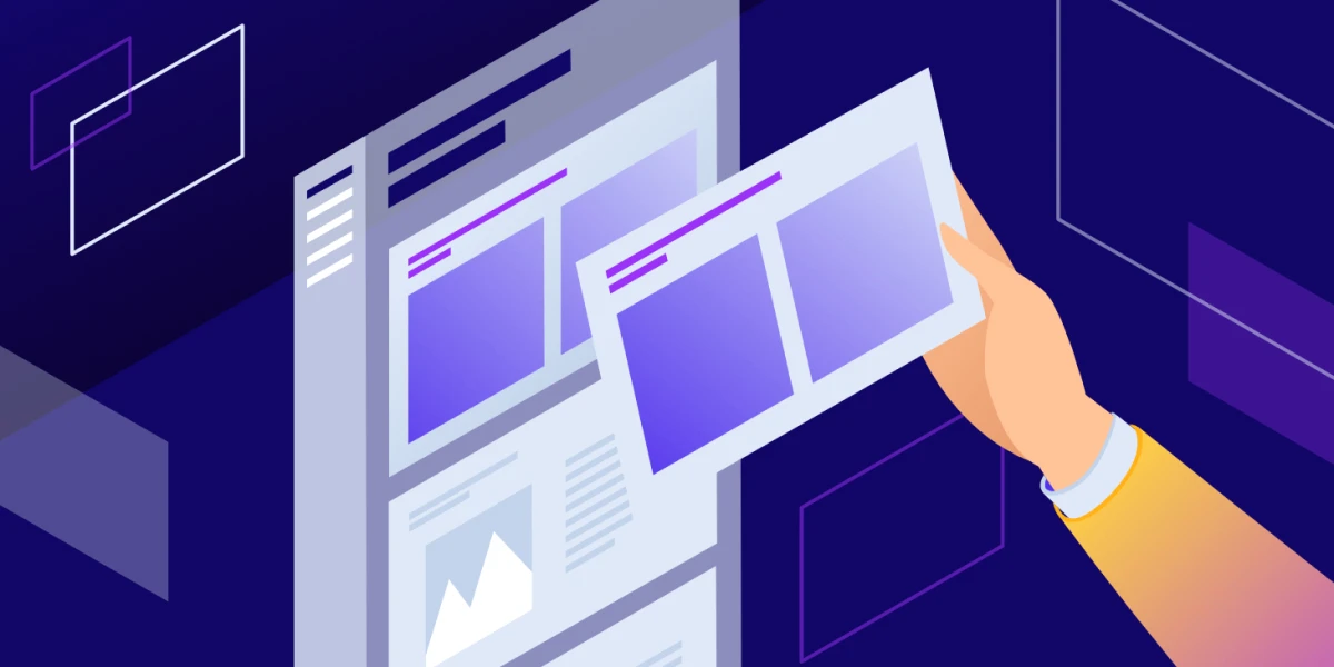 Ilustracija korisničkog interfejsa za uređivanje sajta, gde ruka postavlja elemente u vizuelnom graditelju stranica.