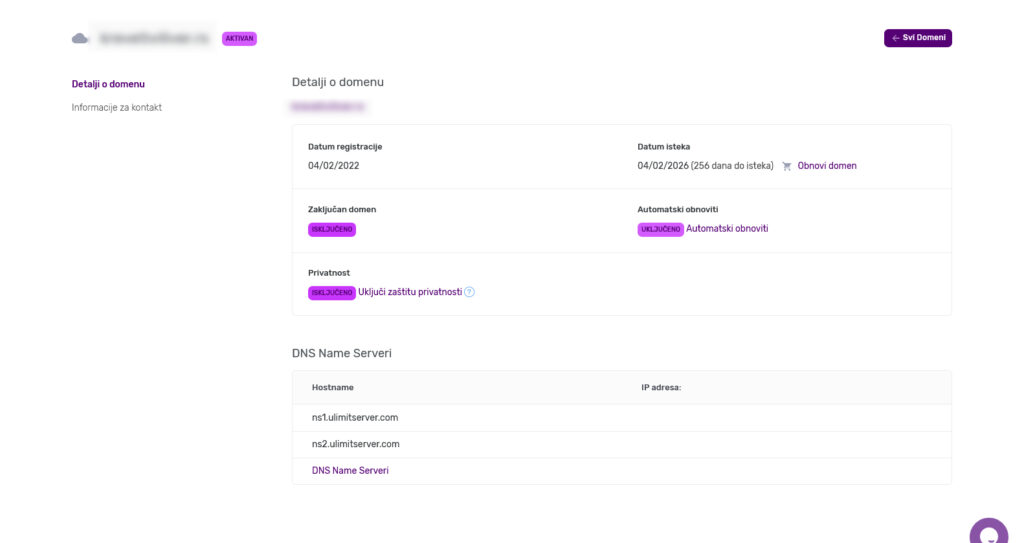 Detalji o registraciji domena u Plus Hosting panelu – datum registracije, datum isteka i DNS podešavanja