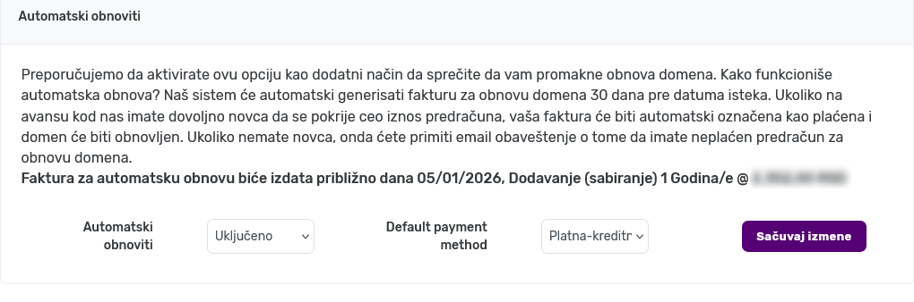 Podešavanje automatske obnove registracije domena u Plus Hosting panelu