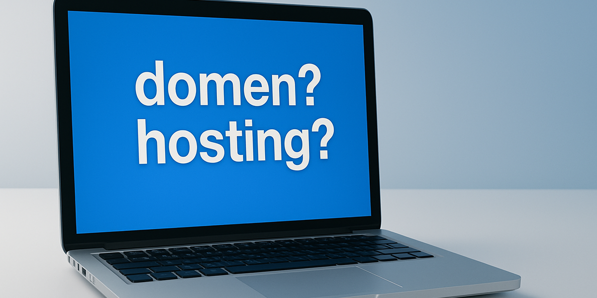 Laptop sa plavim ekranom na kojem piše "domen?" i "hosting?".