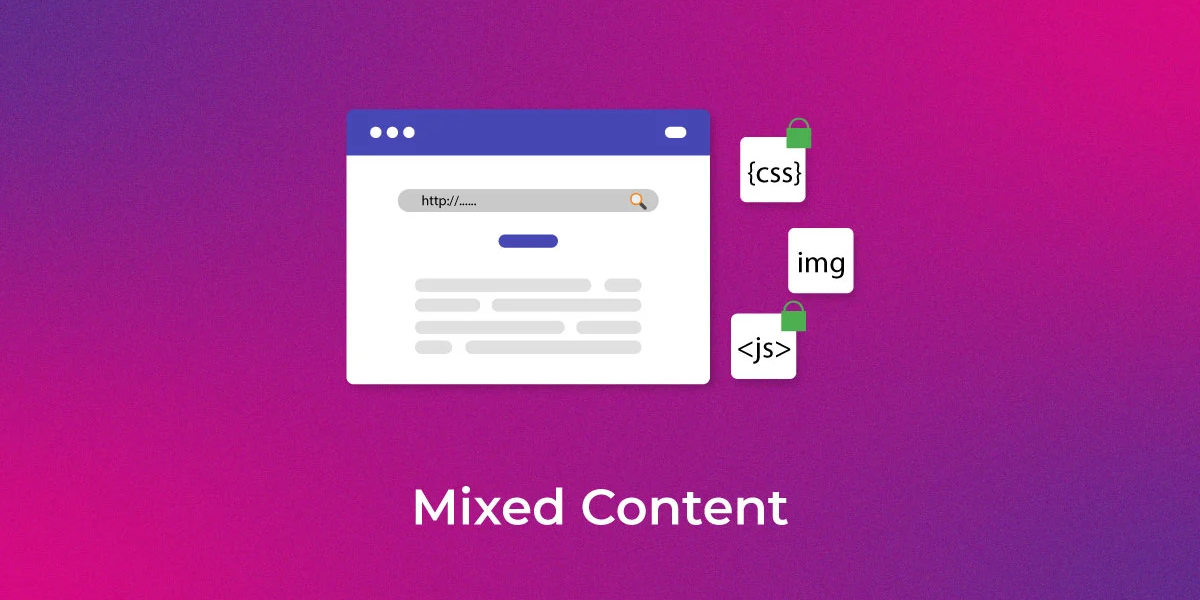 Ilustracija pojma "Mixed Content" sa prikazom browser prozora i različitih fajlova (CSS, JS, slike).