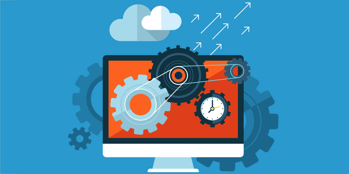 Ilustracija monitora sa zupčanicima, oblacima i padavinama – simbolizuje tehničko podešavanje i održavanje domena.