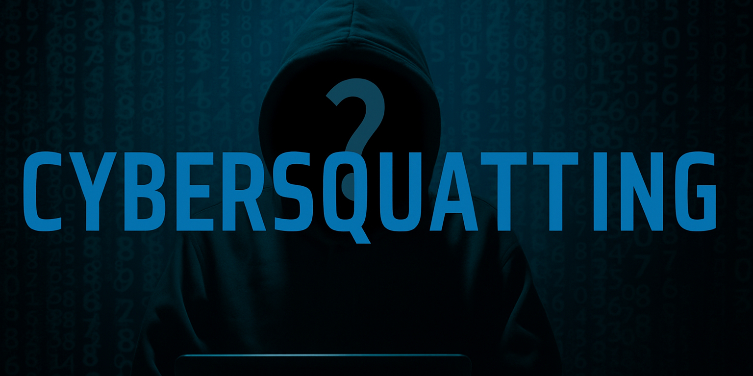 Mračna silueta osobe sa znakom pitanja umesto lica i natpisom CYBERSQUATTING – prikaz zloupotrebe registracije domena