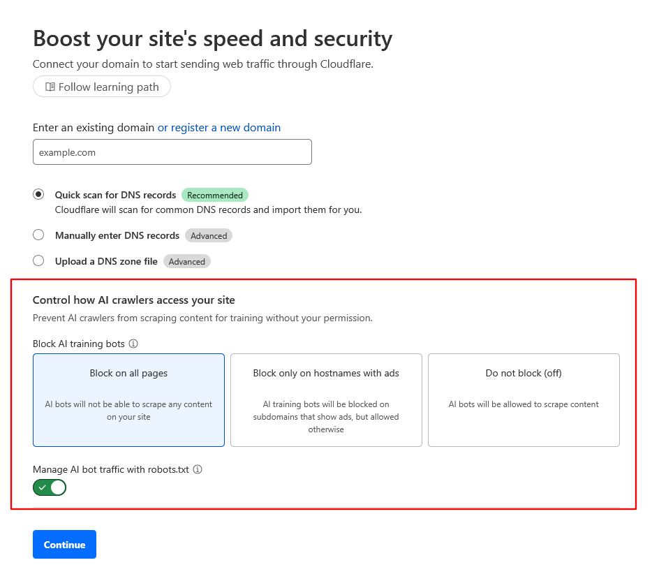 Cloudflare podešavanje DNS zapisa i kontrole pristupa AI crawler botova