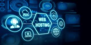 Digitalna ilustracija sa centralnim natpisom Web Hosting, okružena ikonama za cloud, zaštitu, bazu podataka, korisnike i mrežnu povezanost