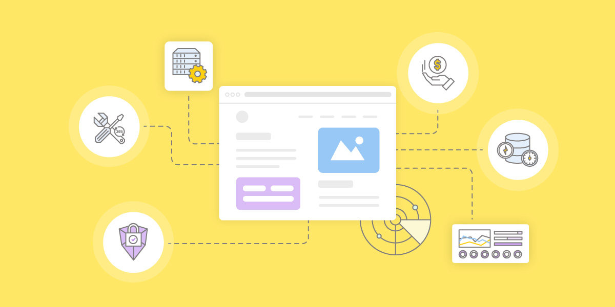 Grafički prikaz veb stranice povezane sa ikonama koje simbolizuju funkcije hosting paketa – bezbednost, baze podataka, alatke, analitiku i domenski servis