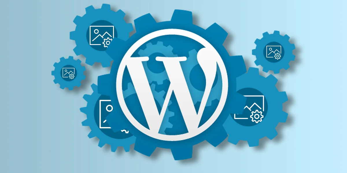 Ilustracija WordPress logotipa okruženog zupčanicima koji simbolizuju tehničke procese i debagovanje funkcionalnosti na rs domenu.