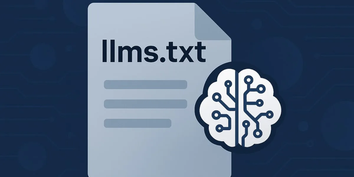 Ilustracija llms.txt fajla i ikone veštačke inteligencije koja simbolizuje interakciju AI sistema sa sadržajem sajta.